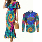 Torres Strait Islanders Sea Turtle Couples Matching Mermaid Dress and Long Sleeve Button Shirt Indigenous Tribal Peace Art Cultural Headdress Motif