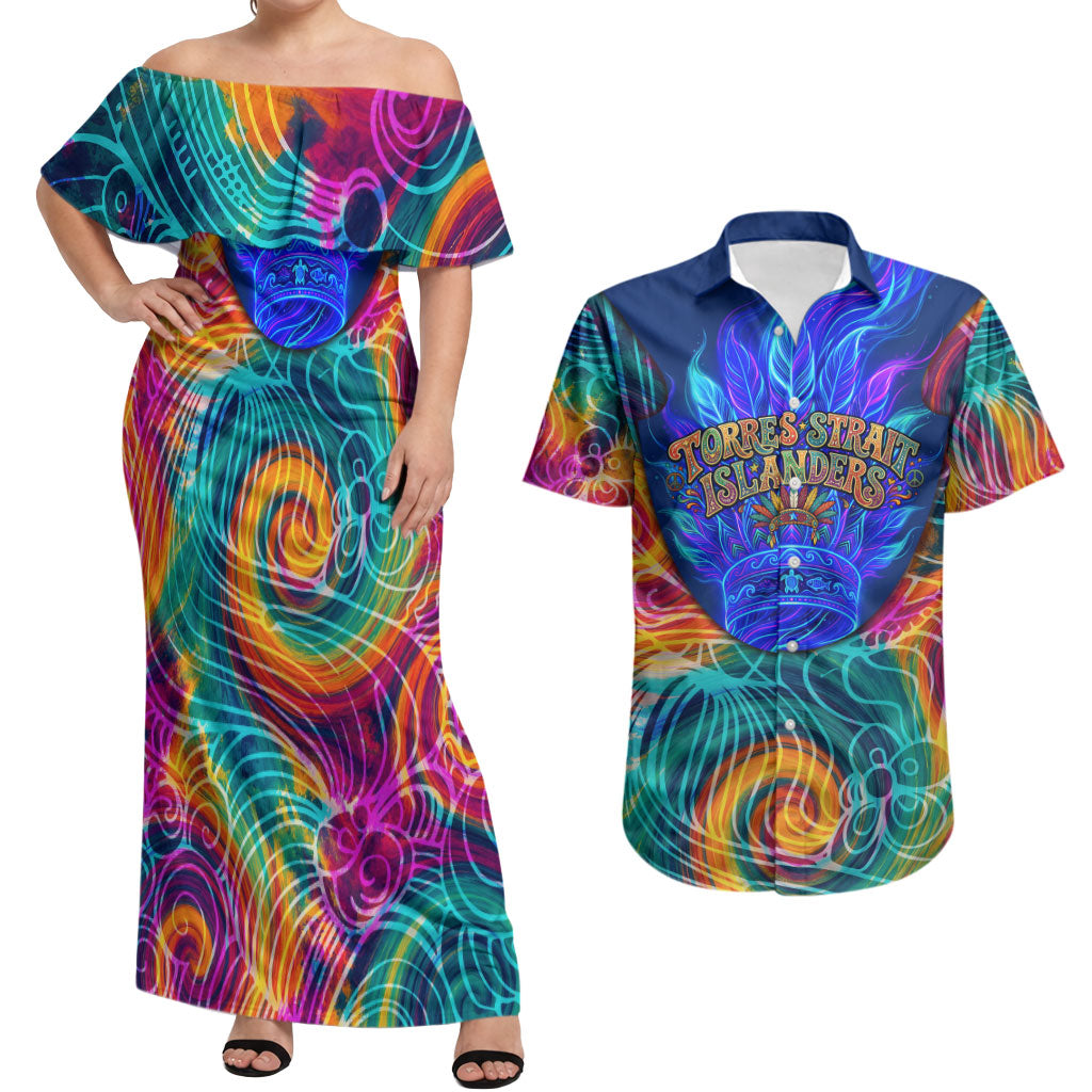 Torres Strait Islanders Sea Turtle Couples Matching Off Shoulder Maxi Dress and Hawaiian Shirt Indigenous Tribal Peace Art Cultural Headdress Motif