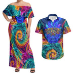 Torres Strait Islanders Sea Turtle Couples Matching Off Shoulder Maxi Dress and Hawaiian Shirt Indigenous Tribal Peace Art Cultural Headdress Motif