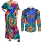 Torres Strait Islanders Sea Turtle Couples Matching Off Shoulder Maxi Dress and Long Sleeve Button Shirt Indigenous Tribal Peace Art Cultural Headdress Motif