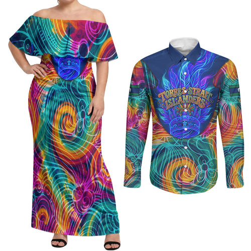 Torres Strait Islanders Sea Turtle Couples Matching Off Shoulder Maxi Dress and Long Sleeve Button Shirt Indigenous Tribal Peace Art Cultural Headdress Motif