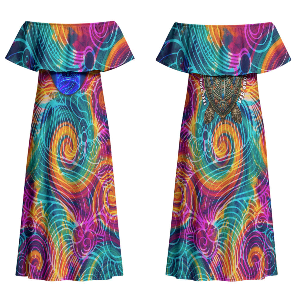 Torres Strait Islanders Sea Turtle Couples Matching Off Shoulder Maxi Dress and Long Sleeve Button Shirt Indigenous Tribal Peace Art Cultural Headdress Motif