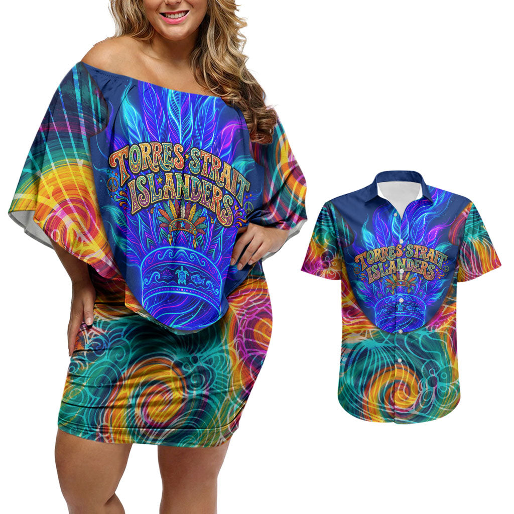 Torres Strait Islanders Sea Turtle Couples Matching Off Shoulder Short Dress and Hawaiian Shirt Indigenous Tribal Peace Art Cultural Headdress Motif