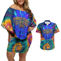 Torres Strait Islanders Sea Turtle Couples Matching Off Shoulder Short Dress and Hawaiian Shirt Indigenous Tribal Peace Art Cultural Headdress Motif