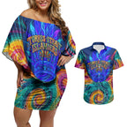 Torres Strait Islanders Sea Turtle Couples Matching Off Shoulder Short Dress and Hawaiian Shirt Indigenous Tribal Peace Art Cultural Headdress Motif