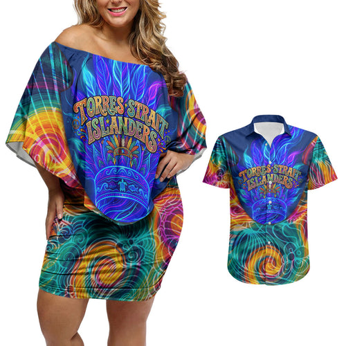 Torres Strait Islanders Sea Turtle Couples Matching Off Shoulder Short Dress and Hawaiian Shirt Indigenous Tribal Peace Art Cultural Headdress Motif