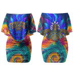 Torres Strait Islanders Sea Turtle Couples Matching Off Shoulder Short Dress and Hawaiian Shirt Indigenous Tribal Peace Art Cultural Headdress Motif