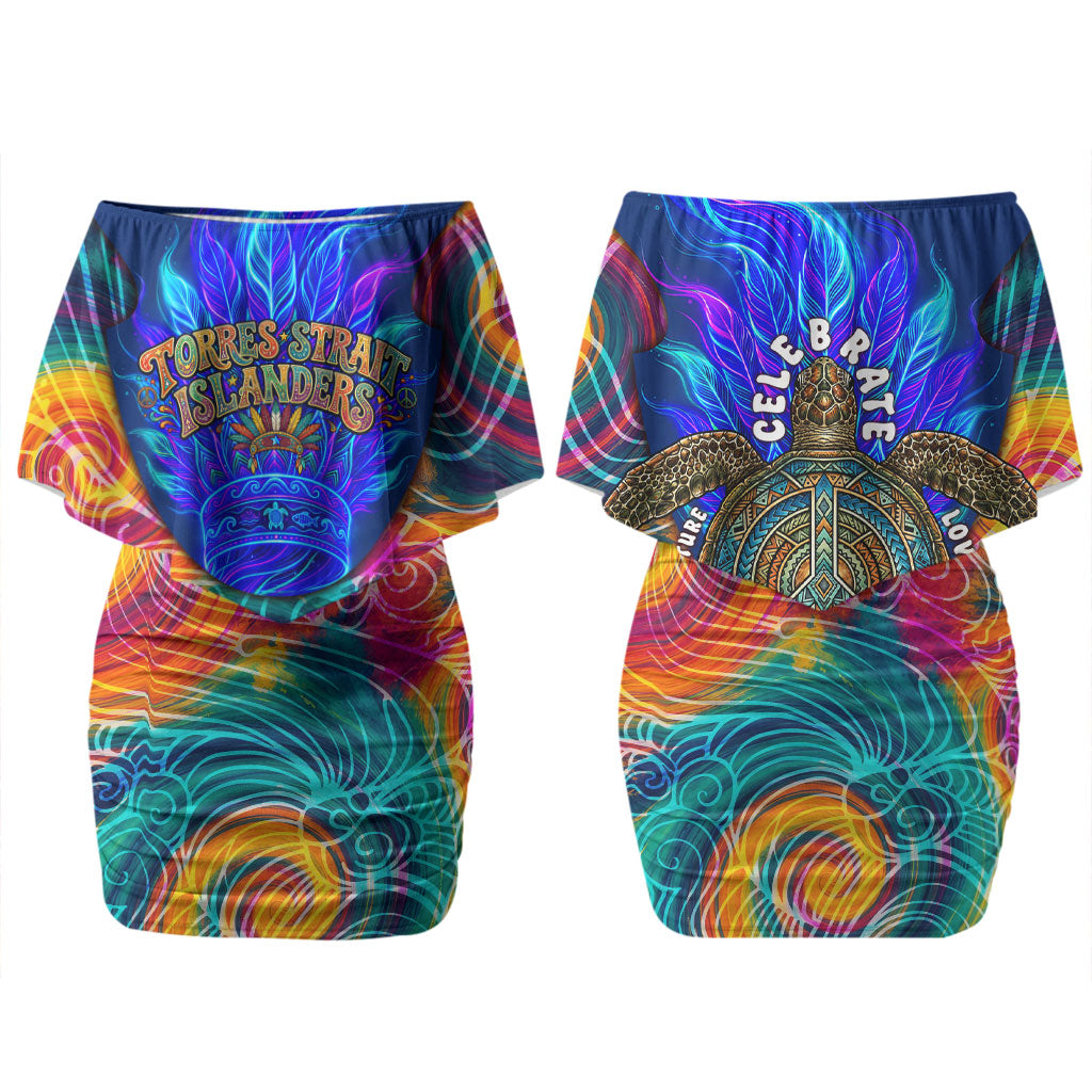 Torres Strait Islanders Sea Turtle Couples Matching Off Shoulder Short Dress and Hawaiian Shirt Indigenous Tribal Peace Art Cultural Headdress Motif