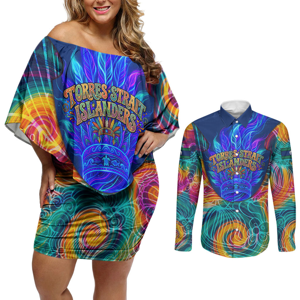 Torres Strait Islanders Sea Turtle Couples Matching Off Shoulder Short Dress and Long Sleeve Button Shirt Indigenous Tribal Peace Art Cultural Headdress Motif