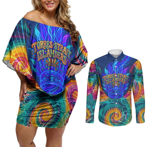 Torres Strait Islanders Sea Turtle Couples Matching Off Shoulder Short Dress and Long Sleeve Button Shirt Indigenous Tribal Peace Art Cultural Headdress Motif