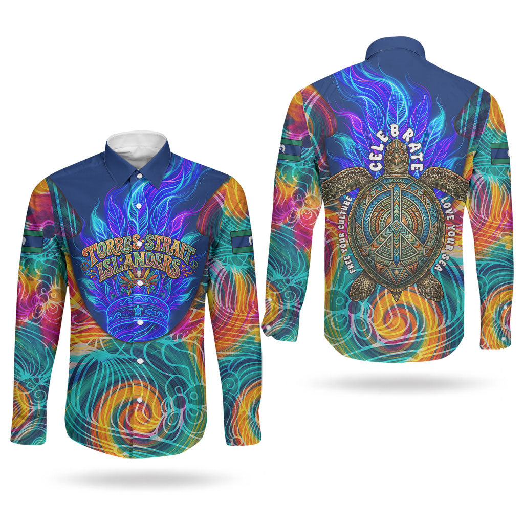 Torres Strait Islanders Sea Turtle Couples Matching Off Shoulder Short Dress and Long Sleeve Button Shirt Indigenous Tribal Peace Art Cultural Headdress Motif