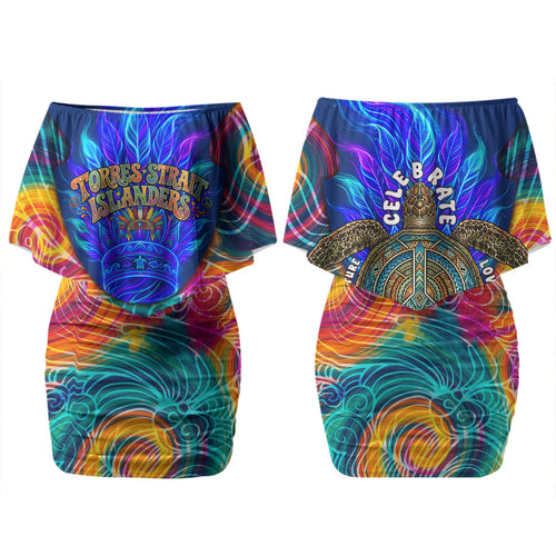 Torres Strait Islanders Sea Turtle Couples Matching Off Shoulder Short Dress and Long Sleeve Button Shirt Indigenous Tribal Peace Art Cultural Headdress Motif