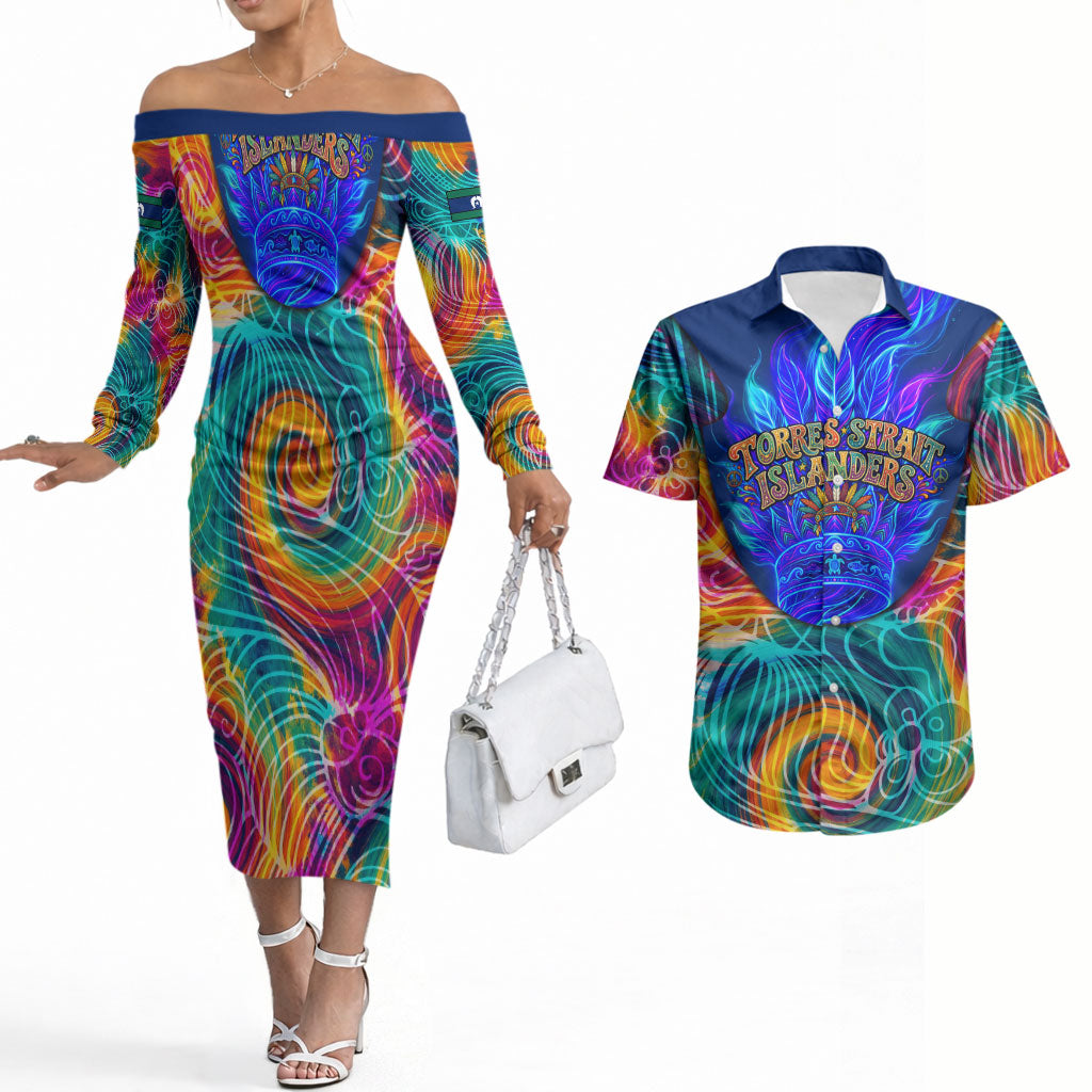 Torres Strait Islanders Sea Turtle Couples Matching Off The Shoulder Long Sleeve Dress and Hawaiian Shirt Indigenous Tribal Peace Art Cultural Headdress Motif