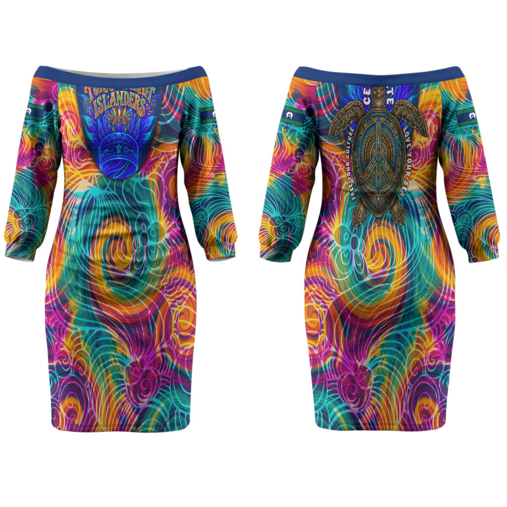 Torres Strait Islanders Sea Turtle Couples Matching Off The Shoulder Long Sleeve Dress and Hawaiian Shirt Indigenous Tribal Peace Art Cultural Headdress Motif