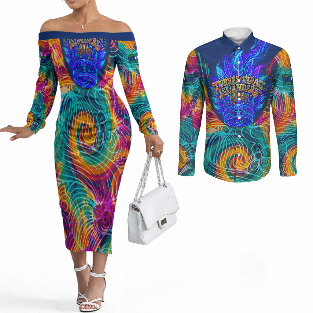 Torres Strait Islanders Sea Turtle Couples Matching Off The Shoulder Long Sleeve Dress and Long Sleeve Button Shirt Indigenous Tribal Peace Art Cultural Headdress Motif