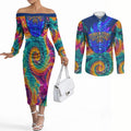 Torres Strait Islanders Sea Turtle Couples Matching Off The Shoulder Long Sleeve Dress and Long Sleeve Button Shirt Indigenous Tribal Peace Art Cultural Headdress Motif