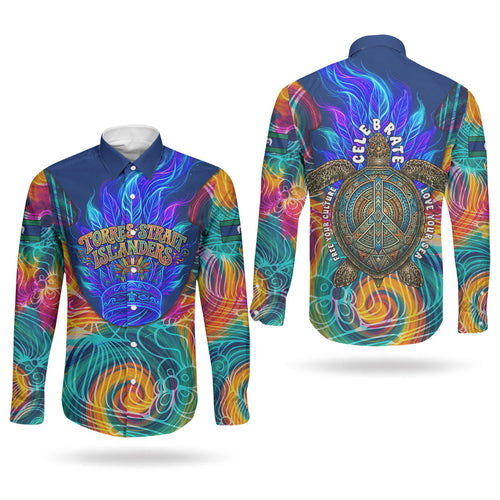Torres Strait Islanders Sea Turtle Couples Matching Off The Shoulder Long Sleeve Dress and Long Sleeve Button Shirt Indigenous Tribal Peace Art Cultural Headdress Motif