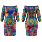 Torres Strait Islanders Sea Turtle Couples Matching Off The Shoulder Long Sleeve Dress and Long Sleeve Button Shirt Indigenous Tribal Peace Art Cultural Headdress Motif