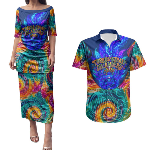 Torres Strait Islanders Sea Turtle Couples Matching Puletasi and Hawaiian Shirt Indigenous Tribal Peace Art Cultural Headdress Motif