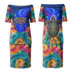 Torres Strait Islanders Sea Turtle Couples Matching Puletasi and Hawaiian Shirt Indigenous Tribal Peace Art Cultural Headdress Motif