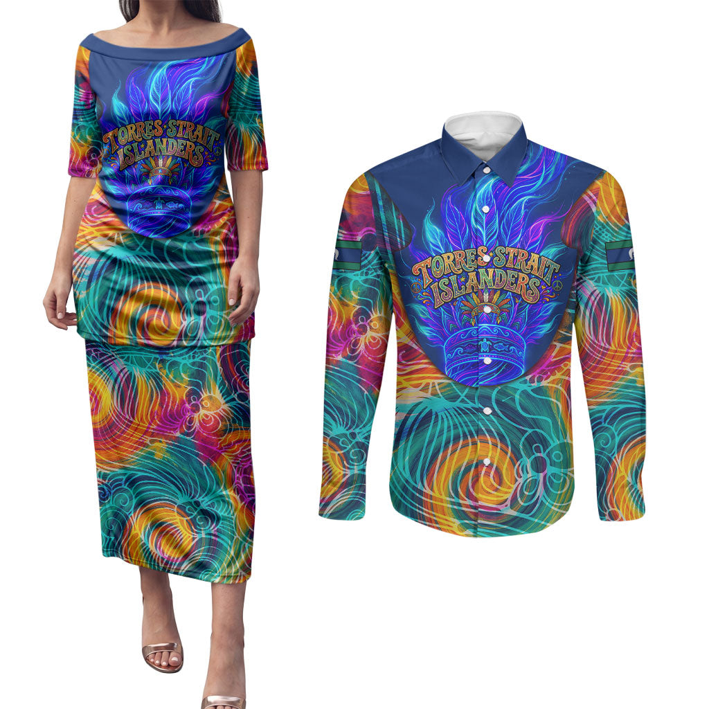 Torres Strait Islanders Sea Turtle Couples Matching Puletasi and Long Sleeve Button Shirt Indigenous Tribal Peace Art Cultural Headdress Motif