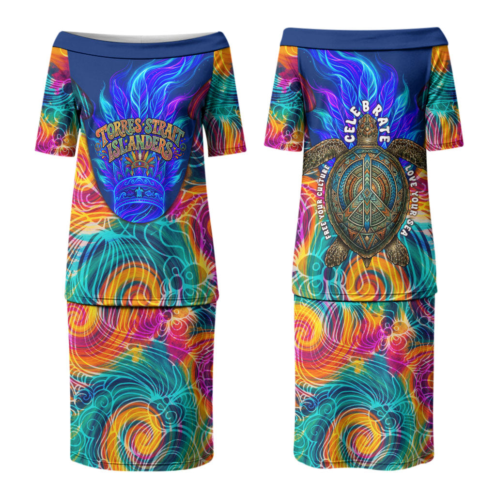 Torres Strait Islanders Sea Turtle Couples Matching Puletasi and Long Sleeve Button Shirt Indigenous Tribal Peace Art Cultural Headdress Motif