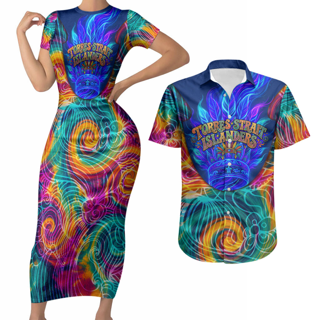 Torres Strait Islanders Sea Turtle Couples Matching Short Sleeve Bodycon Dress and Hawaiian Shirt Indigenous Tribal Peace Art Cultural Headdress Motif
