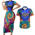 Torres Strait Islanders Sea Turtle Couples Matching Short Sleeve Bodycon Dress and Hawaiian Shirt Indigenous Tribal Peace Art Cultural Headdress Motif
