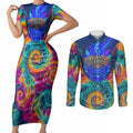 Torres Strait Islanders Sea Turtle Couples Matching Short Sleeve Bodycon Dress and Long Sleeve Button Shirt Indigenous Tribal Peace Art Cultural Headdress Motif