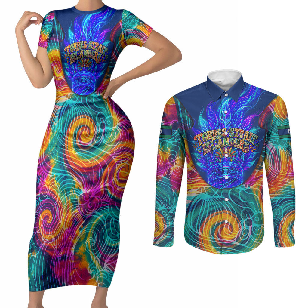 Torres Strait Islanders Sea Turtle Couples Matching Short Sleeve Bodycon Dress and Long Sleeve Button Shirt Indigenous Tribal Peace Art Cultural Headdress Motif