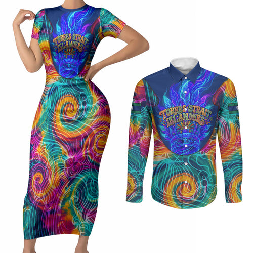 Torres Strait Islanders Sea Turtle Couples Matching Short Sleeve Bodycon Dress and Long Sleeve Button Shirt Indigenous Tribal Peace Art Cultural Headdress Motif