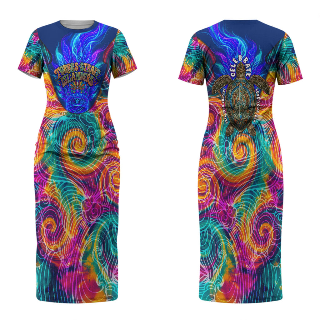 Torres Strait Islanders Sea Turtle Couples Matching Short Sleeve Bodycon Dress and Long Sleeve Button Shirt Indigenous Tribal Peace Art Cultural Headdress Motif
