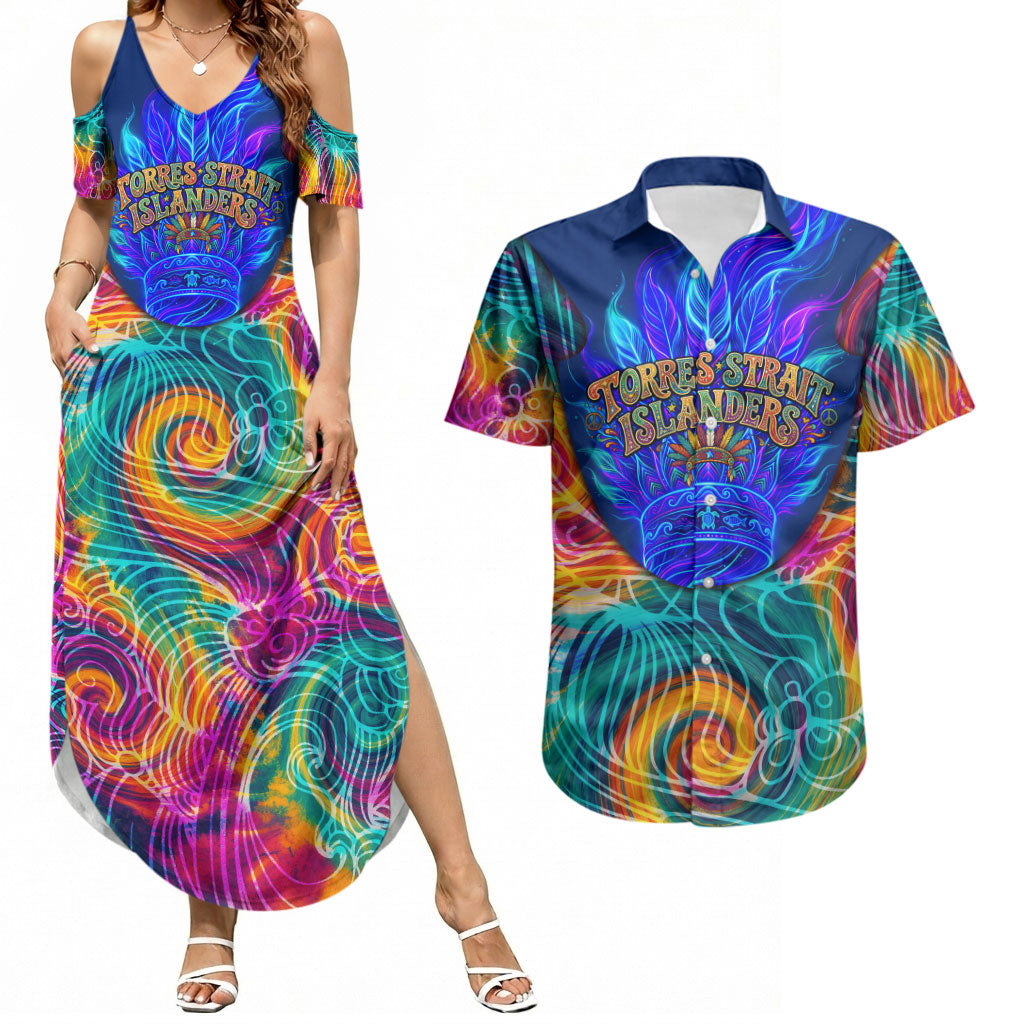 Torres Strait Islanders Sea Turtle Couples Matching Summer Maxi Dress and Hawaiian Shirt Indigenous Tribal Peace Art Cultural Headdress Motif