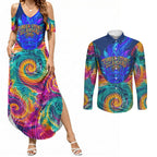 Torres Strait Islanders Sea Turtle Couples Matching Summer Maxi Dress and Long Sleeve Button Shirt Indigenous Tribal Peace Art Cultural Headdress Motif