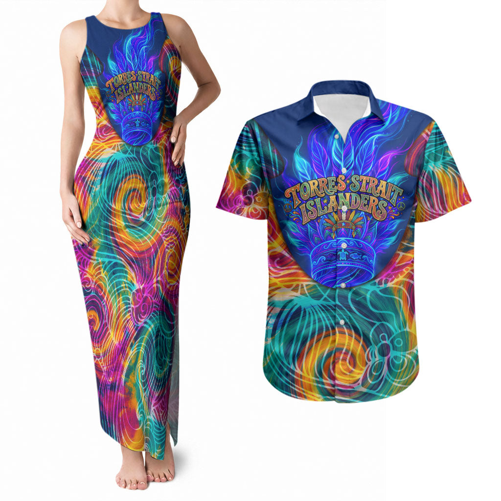 Torres Strait Islanders Sea Turtle Couples Matching Tank Maxi Dress and Hawaiian Shirt Indigenous Tribal Peace Art Cultural Headdress Motif