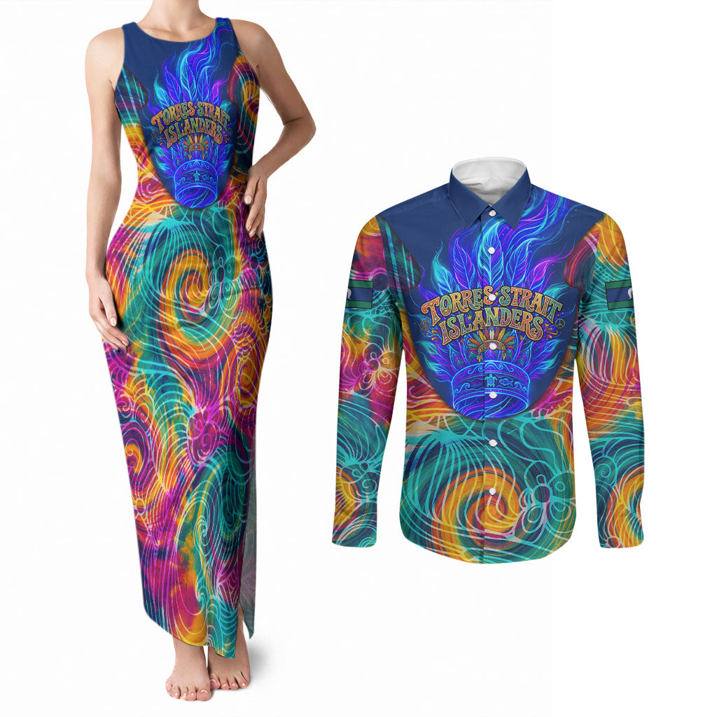 Torres Strait Islanders Sea Turtle Couples Matching Tank Maxi Dress and Long Sleeve Button Shirt Indigenous Tribal Peace Art Cultural Headdress Motif