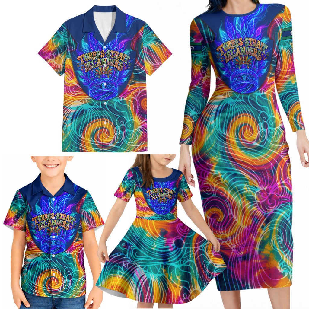 Torres Strait Islanders Sea Turtle Family Matching Long Sleeve Bodycon Dress and Hawaiian Shirt Indigenous Tribal Peace Art Cultural Headdress Motif