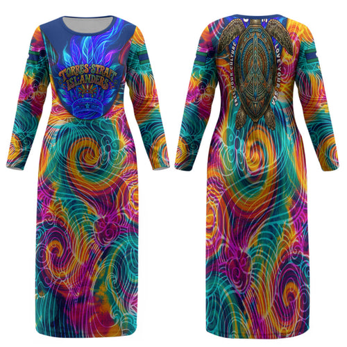 Torres Strait Islanders Sea Turtle Family Matching Long Sleeve Bodycon Dress and Hawaiian Shirt Indigenous Tribal Peace Art Cultural Headdress Motif