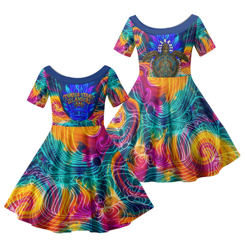 Torres Strait Islanders Sea Turtle Family Matching Long Sleeve Bodycon Dress and Hawaiian Shirt Indigenous Tribal Peace Art Cultural Headdress Motif