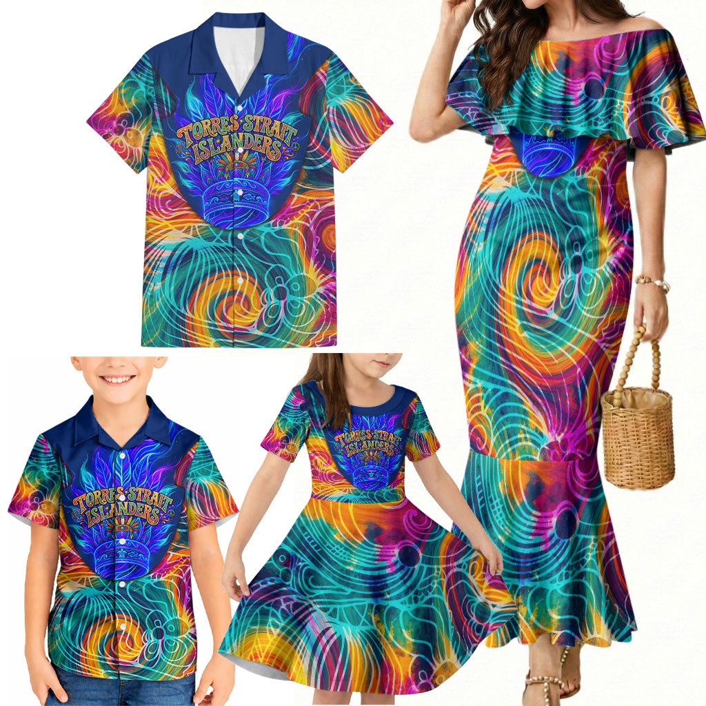 Torres Strait Islanders Sea Turtle Family Matching Mermaid Dress and Hawaiian Shirt Indigenous Tribal Peace Art Cultural Headdress Motif