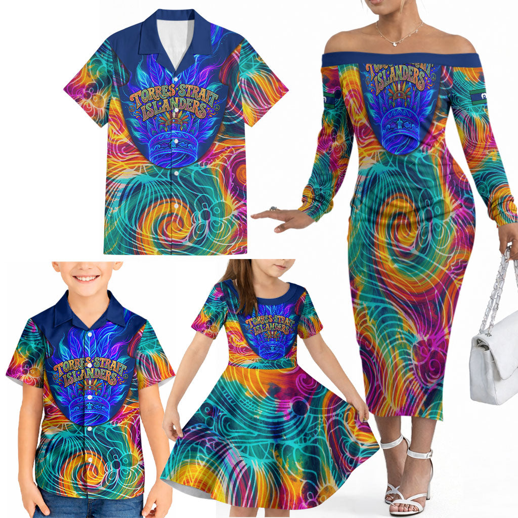 Torres Strait Islanders Sea Turtle Family Matching Off The Shoulder Long Sleeve Dress and Hawaiian Shirt Indigenous Tribal Peace Art Cultural Headdress Motif