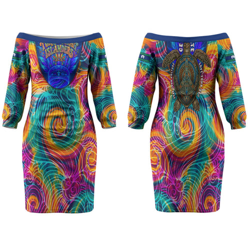 Torres Strait Islanders Sea Turtle Family Matching Off The Shoulder Long Sleeve Dress and Hawaiian Shirt Indigenous Tribal Peace Art Cultural Headdress Motif