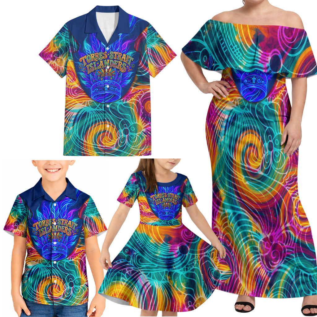 Torres Strait Islanders Sea Turtle Family Matching Off Shoulder Maxi Dress and Hawaiian Shirt Indigenous Tribal Peace Art Cultural Headdress Motif