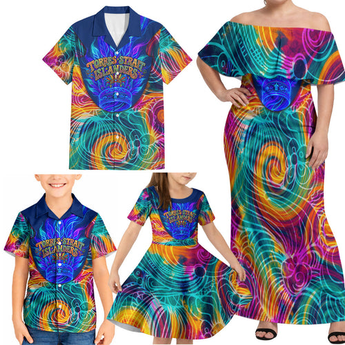 Torres Strait Islanders Sea Turtle Family Matching Off Shoulder Maxi Dress and Hawaiian Shirt Indigenous Tribal Peace Art Cultural Headdress Motif