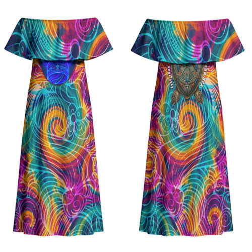 Torres Strait Islanders Sea Turtle Family Matching Off Shoulder Maxi Dress and Hawaiian Shirt Indigenous Tribal Peace Art Cultural Headdress Motif