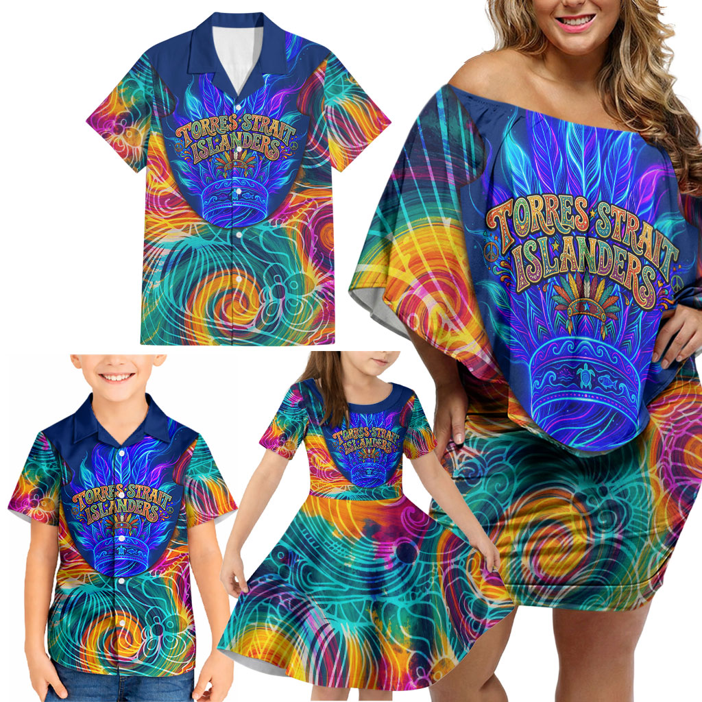 Torres Strait Islanders Sea Turtle Family Matching Off Shoulder Short Dress and Hawaiian Shirt Indigenous Tribal Peace Art Cultural Headdress Motif