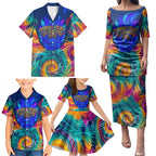 Torres Strait Islanders Sea Turtle Family Matching Puletasi and Hawaiian Shirt Indigenous Tribal Peace Art Cultural Headdress Motif