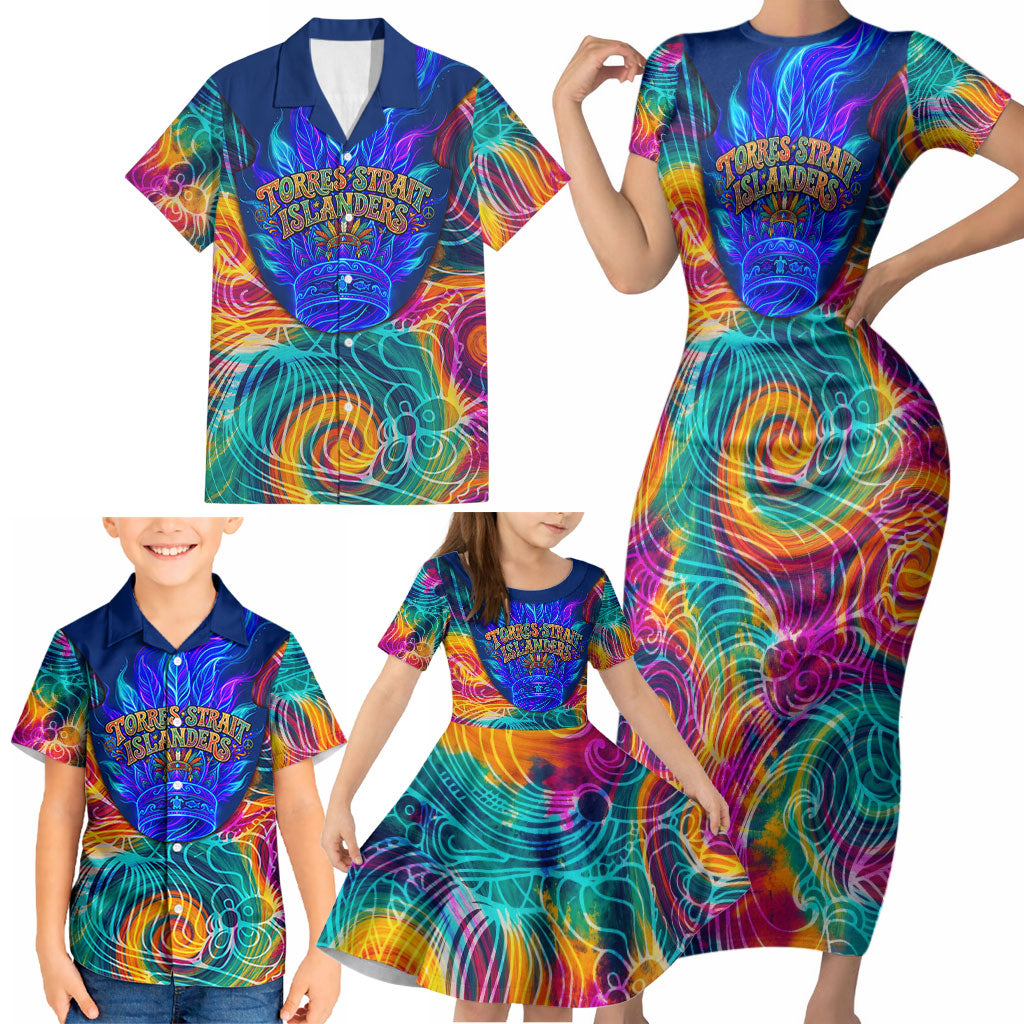 Torres Strait Islanders Sea Turtle Family Matching Short Sleeve Bodycon Dress and Hawaiian Shirt Indigenous Tribal Peace Art Cultural Headdress Motif