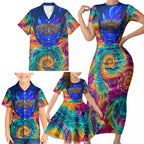 Torres Strait Islanders Sea Turtle Family Matching Short Sleeve Bodycon Dress and Hawaiian Shirt Indigenous Tribal Peace Art Cultural Headdress Motif