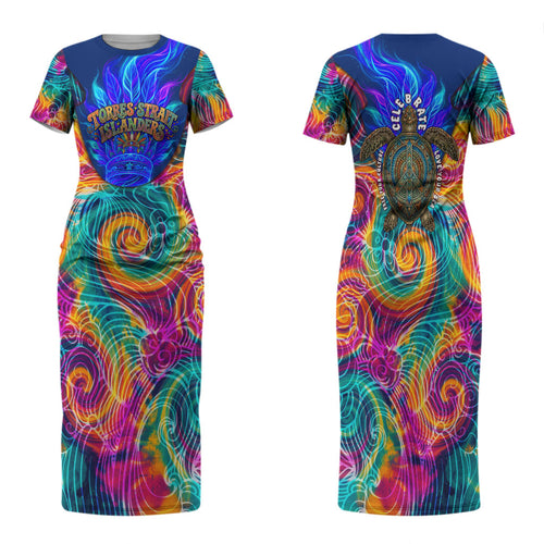 Torres Strait Islanders Sea Turtle Family Matching Short Sleeve Bodycon Dress and Hawaiian Shirt Indigenous Tribal Peace Art Cultural Headdress Motif
